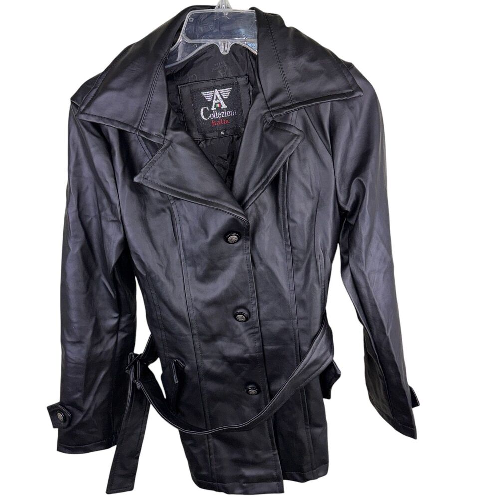 New A Collezioni Black Leather Jacket Button Front Size M Italy